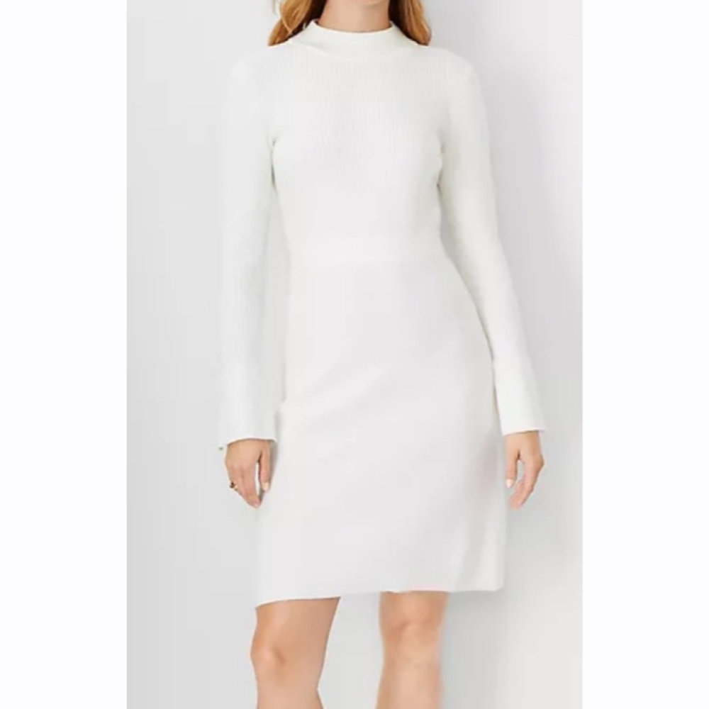 Ann Taylor Pearlized Button Cuff Ribbed Mock Neck Long‎ Sleeve Sweater Dress NEW